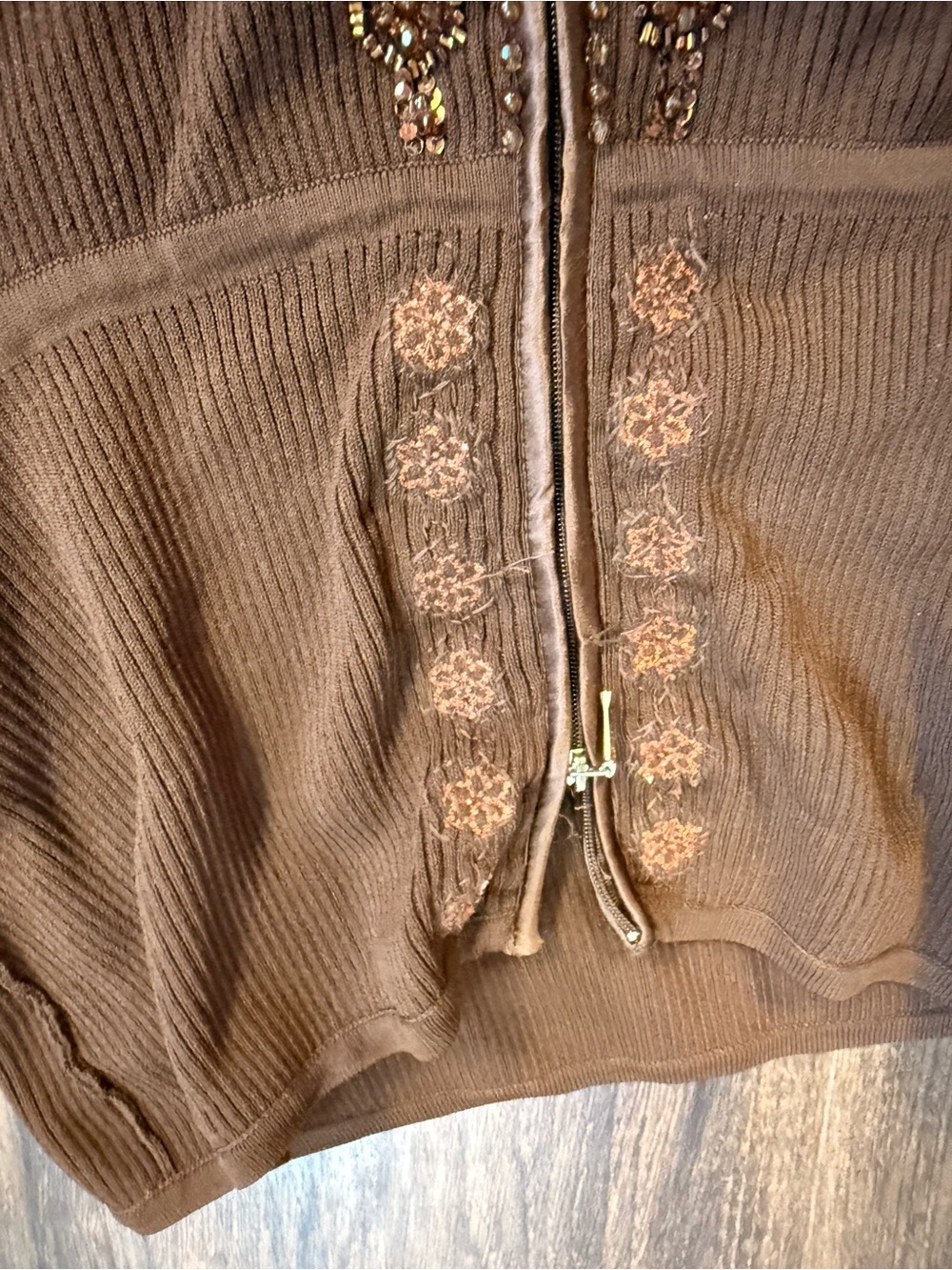Vintage Y2K 90s Gabrielle Solis Cache Off Shoulder Beaded Brown Zip Up Sweater - Picture 7 of 7